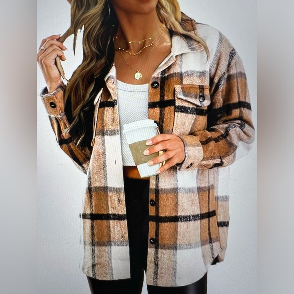 Automet plaid shacket XS apricot color neutral tans PSL! Runs very roomy
